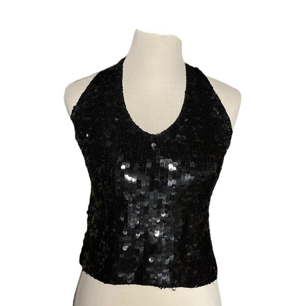 Cathy Hardwick Small Black Sequin Halter Top Lambswool Beads Vintage Hong Kong - Picture 2 of 8